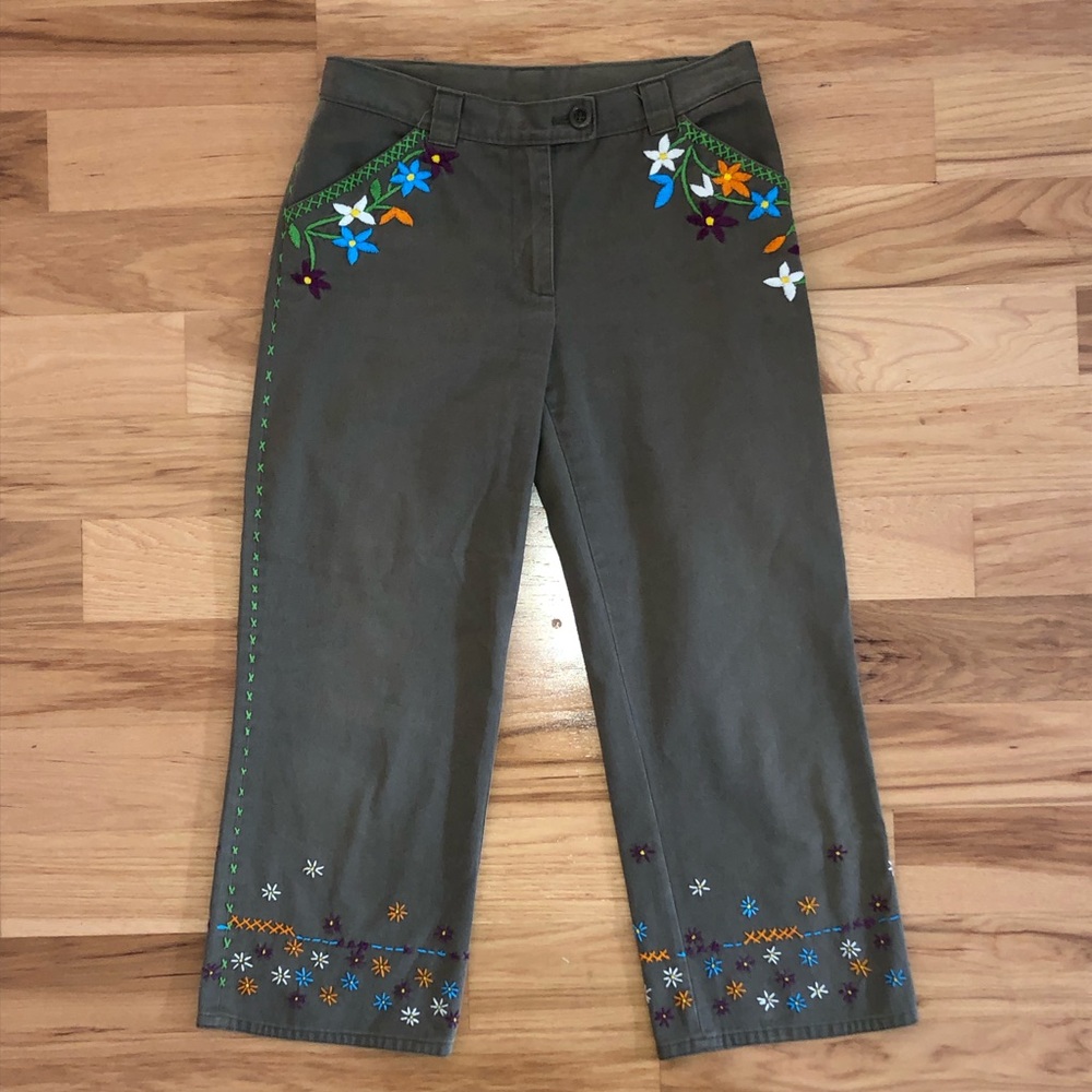 Moschino olive cropped floral embroidered Y2K wide leg trousers